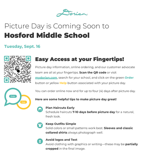 Instructions and QR code for picture day at Hosford